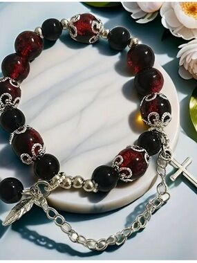 Red and Black Beaded Charm Bracelet with Silver Accents